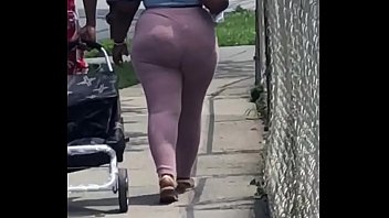 Ghetto Plump Ebony Walking With Her Man Wearing Pink Leggings