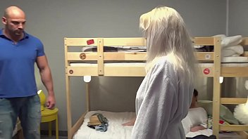 Fake Hostel Petite backbacker babe fucks an absolute unit in threesome