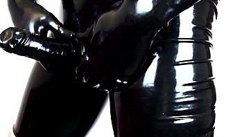 Tight latex pants, gloves & cumshot